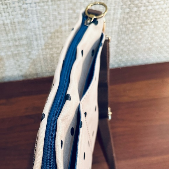 🌟2xHP🌟VTG 1990s Fossil Tan & Navy Passport Style Polka Dot Canvas Crossbody - Picture 6 of 15